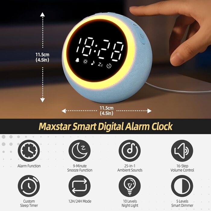 Розумний цифровий будильник з 25 розслаблюючими звуками, нічником, кнопкою повтору будильника, таймером та регульованою гучністю/яскравістю - білий шум для сну для дітей, дівчаток та дорослих у спальні, 12 см, синій