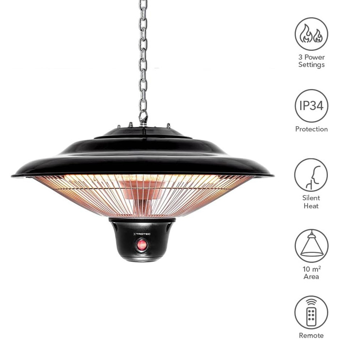 Стельовий радіаційний обігрівач TROTEC Design IR 1500 SC для патіо Інфрачервоний радіаційний обігрівач 3 режими нагріву 500 Вт / 1000 Вт / 1500 Вт Корисна площа 10 м Стельовий монтаж Енергоефективний