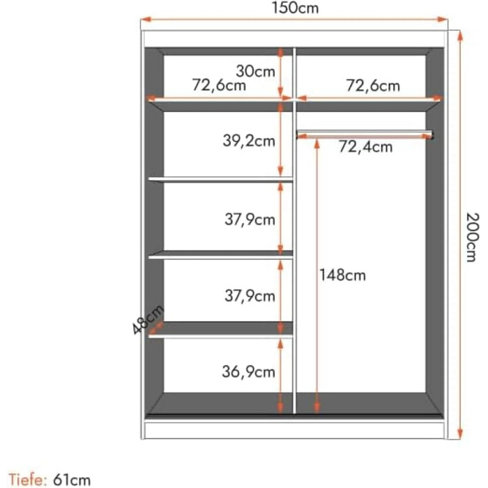 Шафа з дзеркалом, розсувні двері - Шафа з розсувними дверима, шафа для спальні - 61 x 150 x 200 см - Шафа для спальні, гардеробної, шафа - чорний, білий
