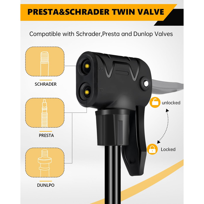 Велосипедний насос VOGORA, підлоговий, 16.5 дюймів (~42 см), 11 бар / 160 PSI, інтегрований циліндр (сталь), чорний
