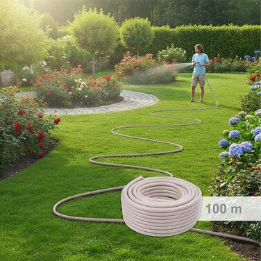 Шланг садовий Relaxdays, 100 м, універсальний водяний шланг 1/2, стійкий до УФ-випромінювання та погодних умов, тканинний садовий шланг, PP, бежевий