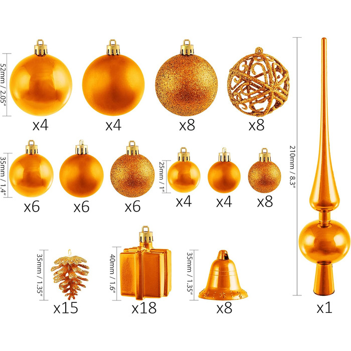 Набір різдвяних кульок із 101 предмета з верхівкою для ялинки помаранчеві BRUBAKER