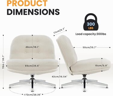 Офісне крісло IWMH без підлокітників, крісло для вітальні зі схрещеними ніжками, ергономічне поворотне крісло з надзвичайно великою тканинною подушкою, письмове крісло для домашнього офісу, туалетний столик, спальня (біле)