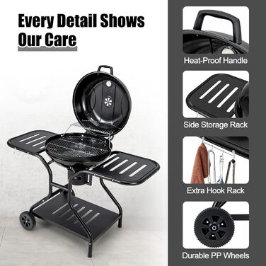 Мангал на вугіллі 57см з колесами, візок для барбекю на 2-6 осіб, піддон для вугілля з золовловлювачем, бічні полиці, гачки, зольн