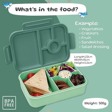 Ланчбокс дитячий Bugucat з роздільниками 1300 мл 16 наклейок, герметичний, з набором столових приборів, для дітей та дорослих, темно-зелений