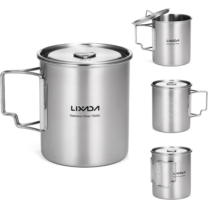 Кемпінговий горщик Lixada з нержавіючої сталі, чашка 750 мл зі складними ручками та кришкою, відкритий горщик для кемпінгу, походів, приготування їжі на пікніку, срібний - Кемпінговий горщик