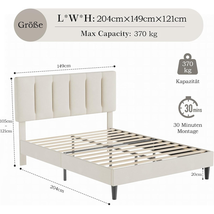М&39яке ліжко VECELO 140x200 см Двоспальне ліжко, Каркас ліжка з регульованим по висоті узголів&39ям, оксамитовим чохлом та рейковою основою, Легке складання, Ідеально підходить для спалень та гостьових кімнат, Бежевий 140 x 200 см