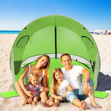 Пляжний намет GOPLUS, розкладний пляжний намет для 3-4 осіб, намет, що кидається, з сонцезахисним тентом та вітрозахисним захистом, легкий та портативний з сумкою для перенесення, сонцезахисний намет для сімей, пляжу, кемпінгу, газону, саду (зелений)