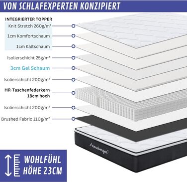 Матрац Arensberger Emilia 90x200 см Пружинний матрац з гелевою піною та інтегрованим топпером Ергономічна висота 23 см Рівень жорсткості H3/H4 Пружинний сердечник HR Pocket Spring 90x200 см, що згортається, точкова еластична стрічка 90 x 200 см