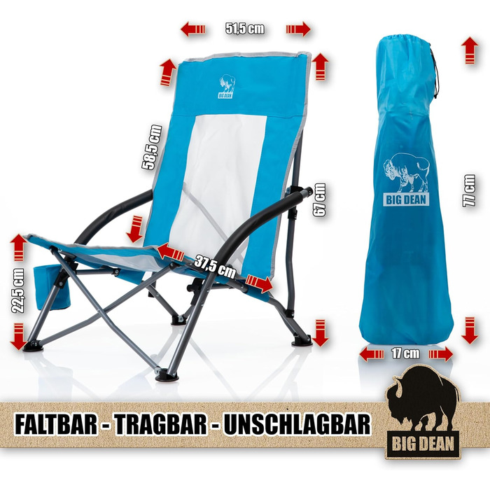 Складаний пляжний стілець BigDean, легкий та стійкий, з тримачем для напоїв