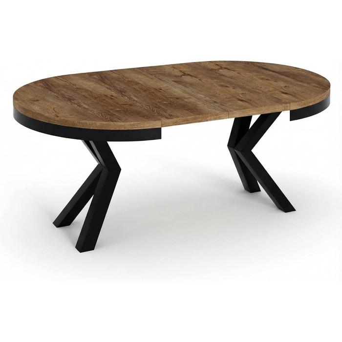 Круглий розкладний обідній стіл у стилі лофт - Індустріальний стіл з чорними металевими ніжками - Компактний стіл для вітальні - Дуб Лефкас - 100-180 см Дуб Лефкас 100 / 180 см