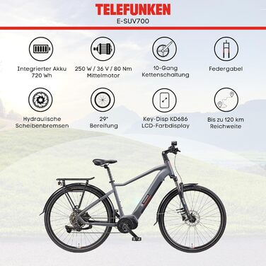 Електричний велосипед TELEFUNKEN E-Bike для чоловіків та жінок Міський педальний велосипед позашляховика з двигуном середнього розташування та літій-іонним акумулятором 720 Втгод Перемикач швидкостей Гідравлічні дискові гальма Світлодіодне освітлення 29 д