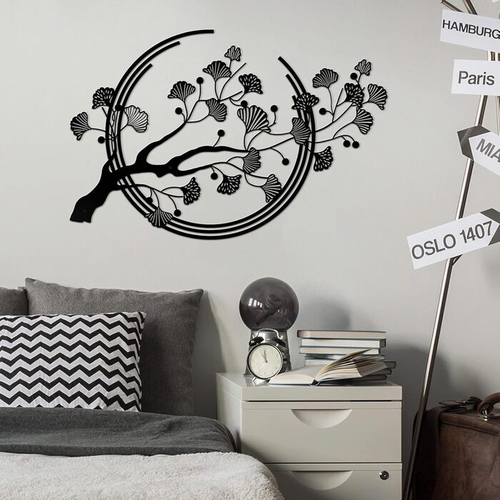 Великі металеві настінні картини з листя гінкго, чорне оздоблення стін підходить для вітальні, спальні, кабінету, офісу (чорний)