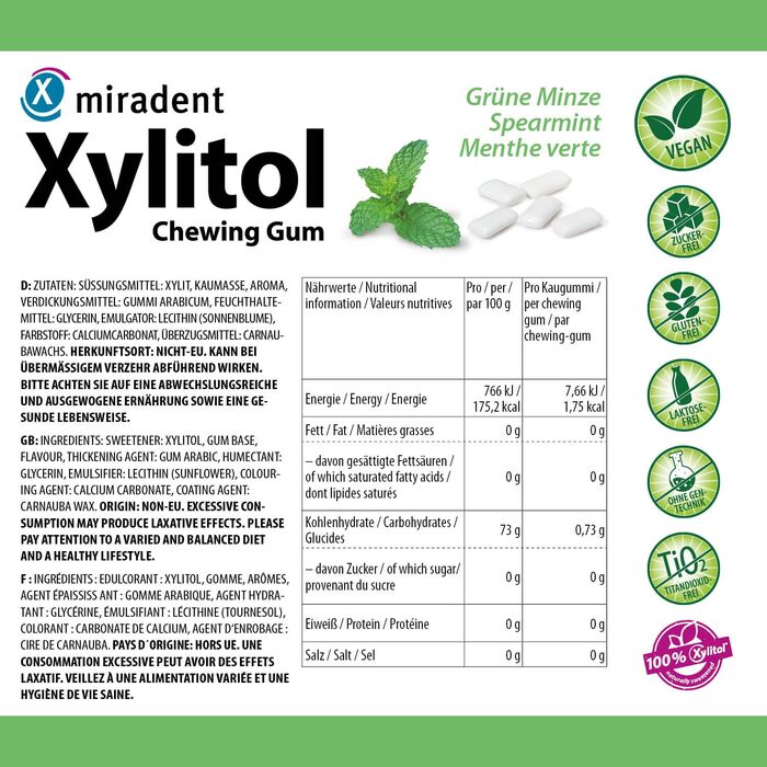 Жувальна гумка miradent Xylitol Dental Care м’ятна – 12 шт. без цукру, з ксилітом, веганська, профілактика карієсу
