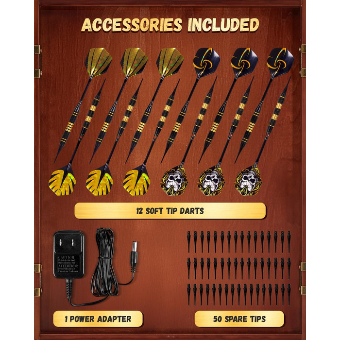 Електронна мішень для дартсу, декоративний набір шаф для електронної міші для дартсу 12 бронзових дротиків з м&39яким наконечником режим гри в крикет - професійна електронна мішень для дартсу з чорними дерев&39яними дверцятами шафи
