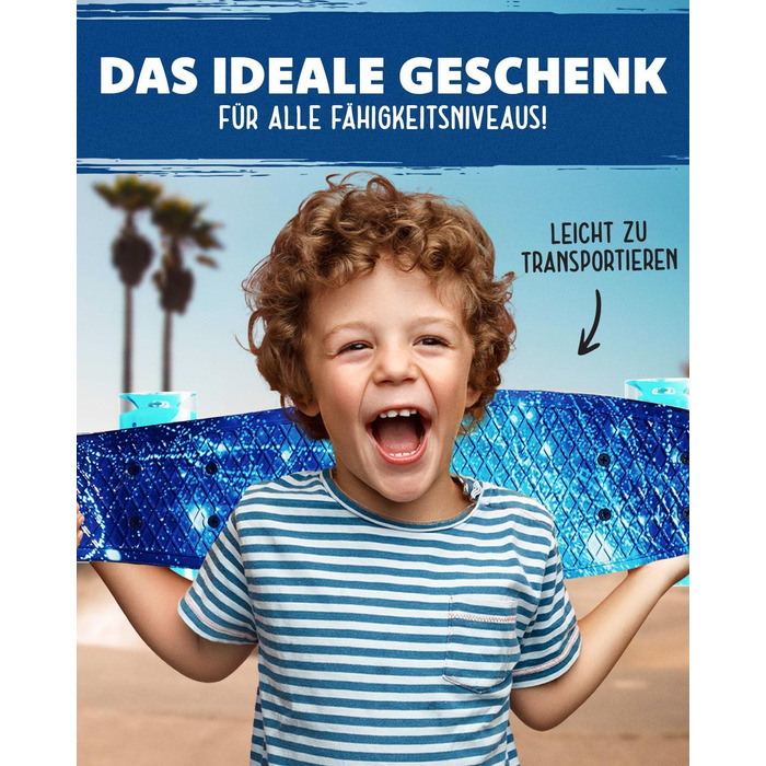 Скейтборд Deleven LED Galaxy Blue 56 см зі світлодіодними колесами ABEC-7 міні-круїзер для дітей дорослих початківців інструмент T-Tool у комплекті синій галактика пенні-борд з LED підсвічуванням оригінал 2025