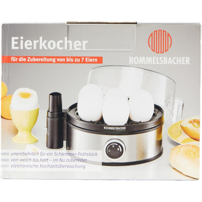 Яйцеварка ROMMELSBACHER ER 400 - на 1-7 яєць, регульована твердість, електронний контроль часу приготування, вимикач, звуковий сиг