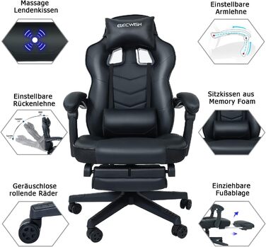 Ігрове крісло Офісне крісло з підставкою для ніг, гоночне крісло з масажем, ергономічне, поворотне, регульоване по висоті, регульована спинка 90-150, знімний підголівник, поперекова опора (чорне)