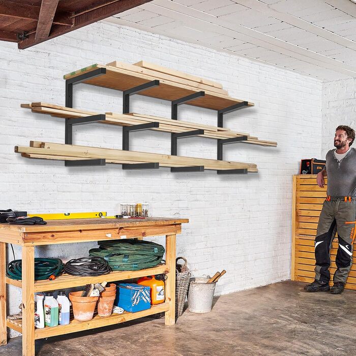 Рівнева дерев&39яна стійка для зберігання AKOZLIN, настінна дерев&39яна трубчаста стійка, дерев&39яна стійка-органайзер, міцні металеві та дерев&39яні полиці для використання в приміщенні та на вулиці, чорна (упаковка з 4 шт. ), 3-