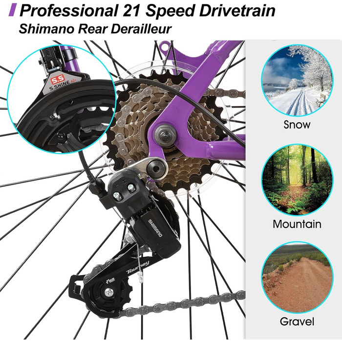 Жіночий гірський велосипед HILAND BAMCBASE 26 дюймів, 21-швидкісний сталевий рама для дорослих, чоловічий гірський велосипед з амортизаційною вилкою, фіолетовий