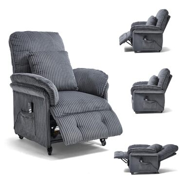 Моторне електричне крісло-реклайнер, крісло для телевізора з функцією відкидання, крісло для телевізора у вітальні з колесами, регульована спинка та підставка для ніг, 2 бічні кишені, вельветовий диван, темно-сірий, 2-