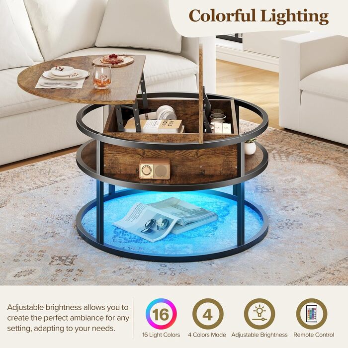 Круглий журнальний столик Dripex, діаметр 81 см, регульований по висоті бічний столик із прихованим місцем для зберігання, вітальня з підйомною стільницею, журнальний столик, дерев&39яний стіл для вітальні, офісу 80*80*47