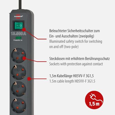 Розеткова стрічка Brennenstuhl Eco-Line 3-стороння із захистом від перенапруги (багаторозеткова розетка з посиленим захистом від д