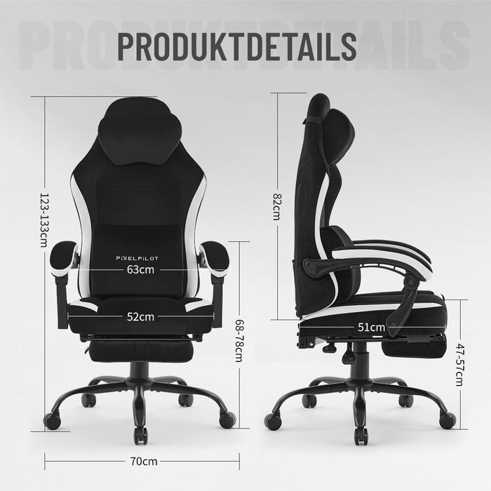 Ергономічне ігрове крісло PixelPilot Дихаюча тканина Крісло з підставкою для ніг, підголівником та поперековою опорою, ігрове ПК-крісло Широке сидіння Офісне крісло вантажопідйомністю 150 кг (Nebula, чорний) Black Nebula