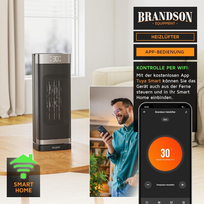Обігрівач з WiFi-вентилятором - Дистанційне керування - Лауреат нагород - 2000 Вт - Енергозберігаючий, тихий еко-режим - Керування WiFi через додаток - Коливання - Підходить для ванної кімнати, вітальні, офісу, дитячої кімнати B з WiFi