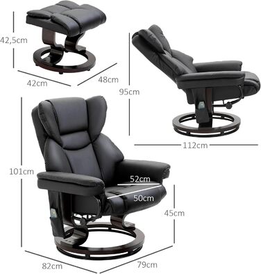 Крісло-реклайнер HOMCOM з підніжкою, поворотне на 360 крісло для телевізора з масажем, функція відкидання, масажне крісло з бічною кишенею, відкидне крісло, штучна шкіра для вітальні, чорний