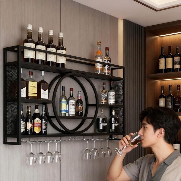 Металева винна полиця, підвісна полиця для пляшок барні полиці, настінні винні полиці для бару, ресторану, використання в приміщенні (чорна, 100 * 15 * 80) 100*15*80 чорний