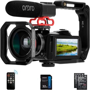 Відеокамера ORDRO 4K Відеокамера WiFi Ultra HD Vlog Camera для YouTube, ІЧ-відеореєстратор нічного бачення з мікрофоном, ширококутний обєктив, бленда, 2 батареї