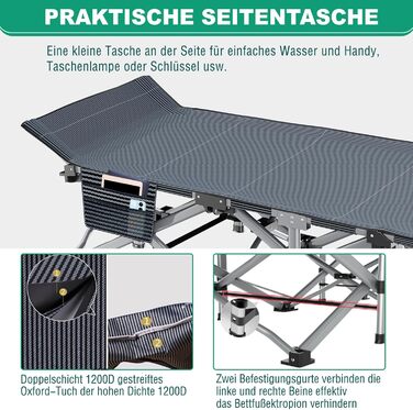 Туристичне ліжко з матрацом, максимальне навантаження 200 кг, розкладне похідне ліжечко 190 x 71 x 36 см, сталевий каркас та тканинне покриття Pxford, розкладне ліжко, гостьове ліжко для дорослих, кемпінг у приміщенні/на вулиці, сад, офіс, 190 x 71 x 36 с