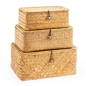 Кошики для зберігання морської трави, плетена коробка для зберігання з ротанга з кришкою та ручкою, прямокутний кошик з морської трави, полиця для зберігання одягу, косметики, книг, 3