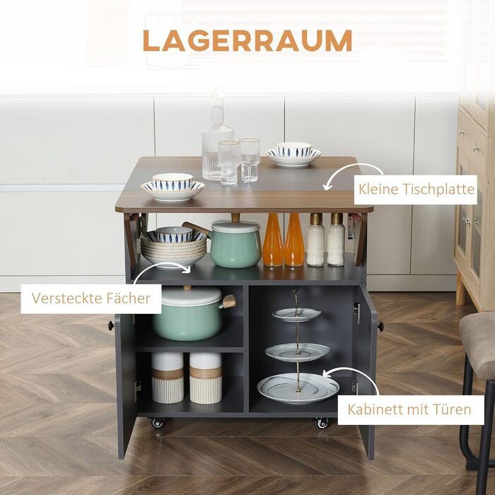 Розкладний обідній стіл HOMCOM, мобільний кухонний стіл для 2-4 осіб, розкладний стіл на колесах, місце для зберігання, обідній стіл для невеликих приміщень, їдальня 70 x 83 x 75 см, світло-сірий темно-коричневий