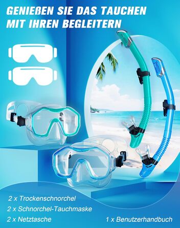 Набір для дорослих з маскою для снорклінгу, комплект з 2 предметів, комплект для снорклінгу з панорамною маскою для снорклінгу та сухим снорклінгом, водонепроникна маска для дайвінгу з загартованого скла для дайвінгу, снорклінгу, плавання, прозорий синьо-