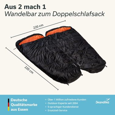Спальний мішок Skandika Vegas XXL Мумія-спальний мішок з/без полібавовняної підкладки, для дорослих, що з&39єднується, подвійний спальний мішок, 3 сезони, до -12C, 220 x 110 см Зимовий відпочинок на природі, кемпінг, походи, чорний/помаранчевий Блискавка 
