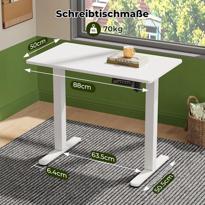 Стіл з регульованою висотою 88 x 50 см, цільна стільниця, електричний стіл з 4 колесами для роботи сидячи та стоячи, невеликий комп&39ютерний стіл для домашнього офісу, білий, ДСП, 88 x 50 см
