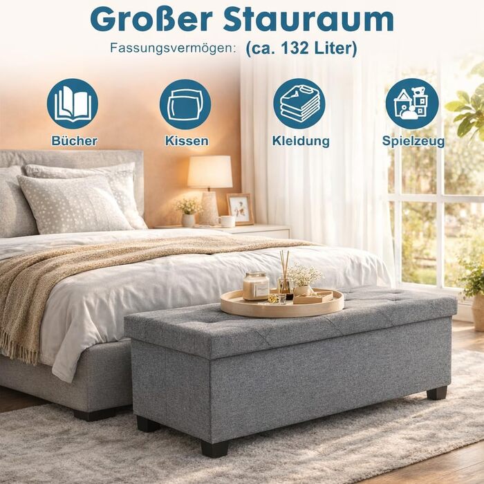 Лавка для зберігання DUMOS, Коробка для зберігання з кришкою, 110 x 38 см, Скриня-лавка для зберігання, Пуф для зберігання, Вантажопідйомність до 150 кг, Пуф для ніг для вітальні, спальні, гуртожитку, Сірий 110 x 38 x 38 см Сірий