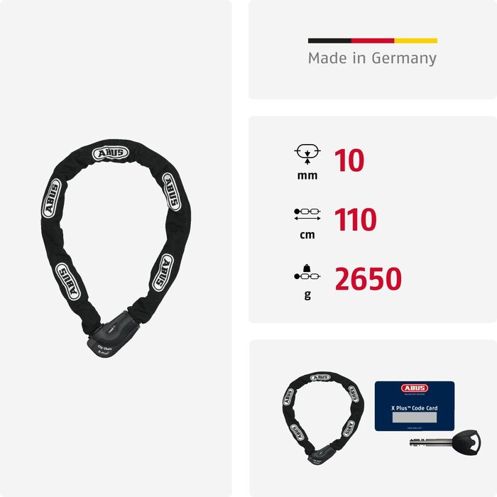 Ланцюговий замок ABUS Granit CityChain XPlus 1060 Велосипедний замок із загартованої сталі рівень безпеки ABUS 15, чорний, 110 см