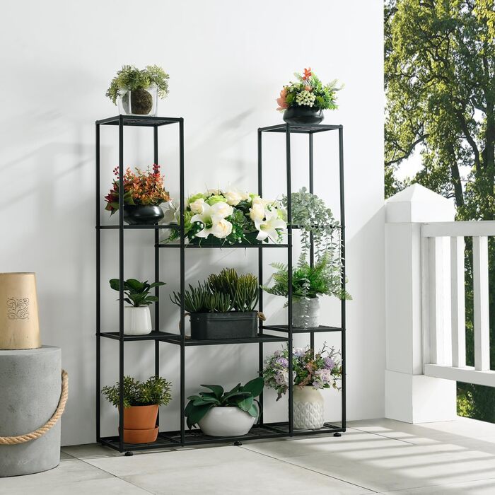 Металева підставка для квітів, 4 яруси, 11 горщиків, підставка для рослин для приміщень/вулиці, водонепроникна, багатоярусна підставка для рослин для саду, балкону, вітальні, двору, чорна, 95x25x120 см