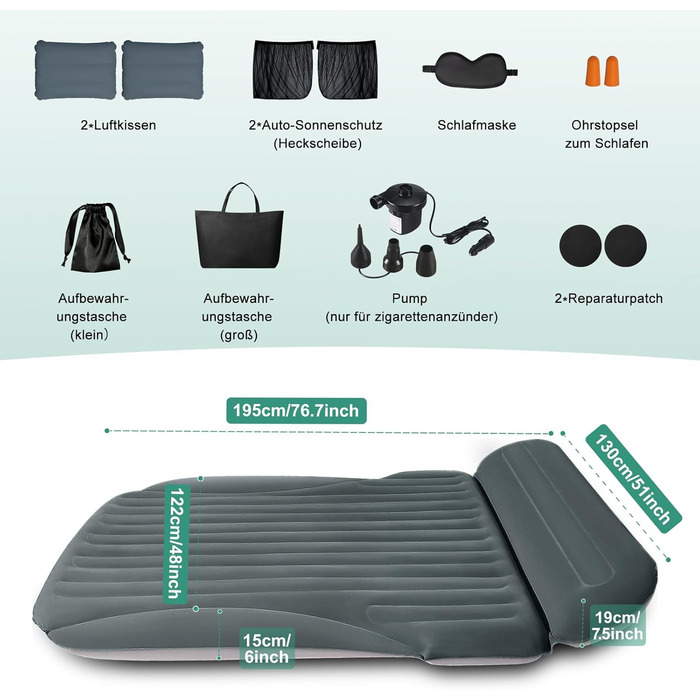 Автомобільний надувний матрац з комплексними аксесуарами для сну в автомобілі, герметичний, зручний, міцний автомобільний надувний матрац, надувні ліжка з повітряним насосом, для позашляховиків, мінівенів, MPV, дорожніх подорожей, наметів на даху, зеленог