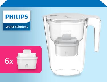 Фільтр-глечик для води Philips 6 змінних фільтрувальних картриджів Micro X-Clean, швидкий потік, білий, 2,6 літра, електронний таймер 6 картриджів