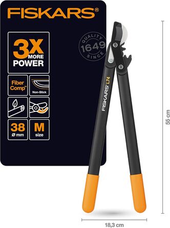 Садові секатори Fiskars PowerGear II з обвідним механізмом для свіжої деревини, з антипригарним покриттям, виготовлені з міцної інструментальної сталі, довжина 55 см, чорно-помаранчеві, L74, 1000582 L74 (діаметр гілок до 3,8 см)