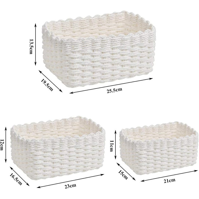 Набір кошиків для зберігання з 3 предметів з перероблених паперових мотузок, 3 розміри, плетені кошики для зберігання, полиці-кошики, органайзер для шаф, ванна кімната, кухня, спальня (білий)