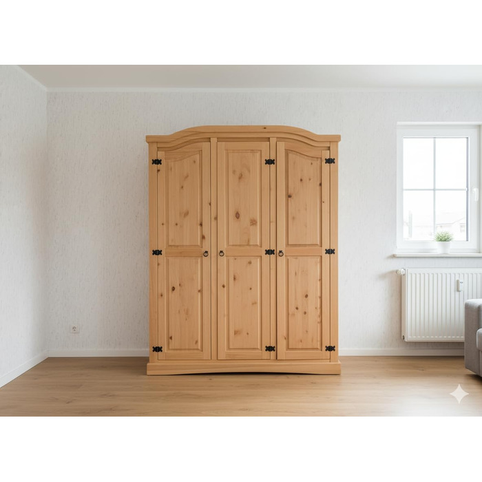 Шафа для спальні Dynamic24 3-дверна шафа New Mexico Ш152xВ193xГ54 см Масив сосни натурального кольору Комод Шафа Багатоцільова шафа Відкрита шафа Коричнева