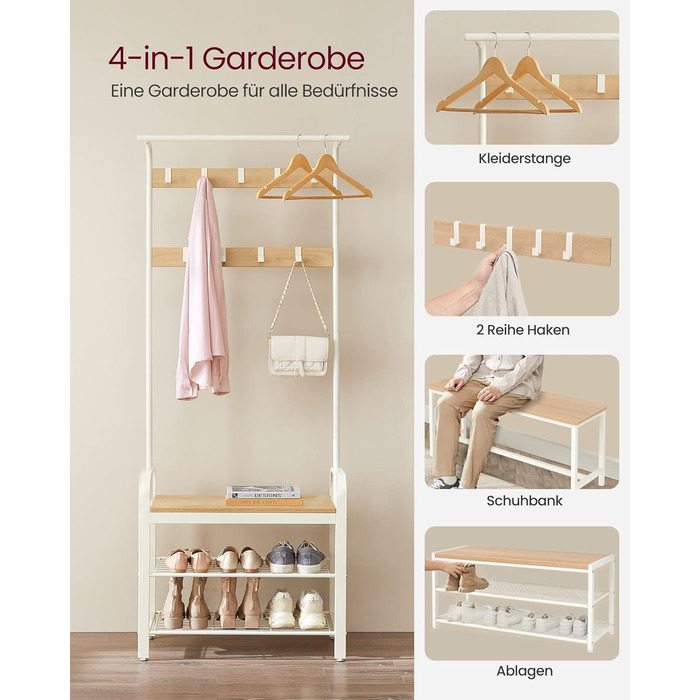 Вішалка для одягу VASAGLE, Шафа з лавкою для взуття, Дизайн 4-в-1, 9 знімних гачків, Штанга для одягу, Вхідна зона, Коридор, 33,7 x 72 x 183 см, Сучасний, Дубово-білий HSR40W 72B см Кремовий