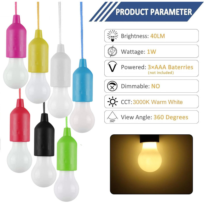 Набір із 7 світлодіодних лампочок на шнурку, лампочки для намету на батарейках, портативний світлодіодний ліхтар теплого білого кольору 3000K для використання в приміщенні та на вулиці, для надзвичайних ситуацій, кемпінгу, декору та вечірок.