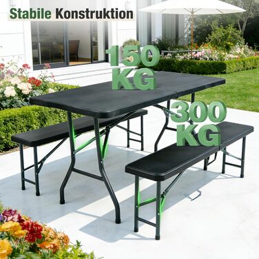 Складаний пластиковий набір для пивного саду Sekey Стіл 2 пивні лавки з ручками для перенесення Набір для пивного саду 180 см для приміщень/вулиці Набір пивних столів (чорний)