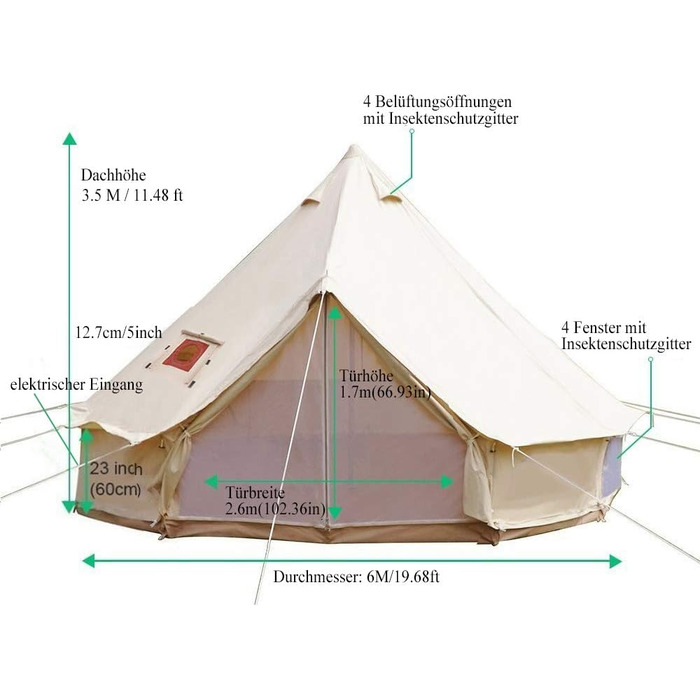 Водонепроникний кемпінговий намет, намет типі, сімейний намет, намет-піраміда, бавовняний індіанський намет з отвором для каміна, підстилка, намет-дзвін, круглий намет, груповий намет, висота стоячи, бежевий, 6 м/19,6 фута